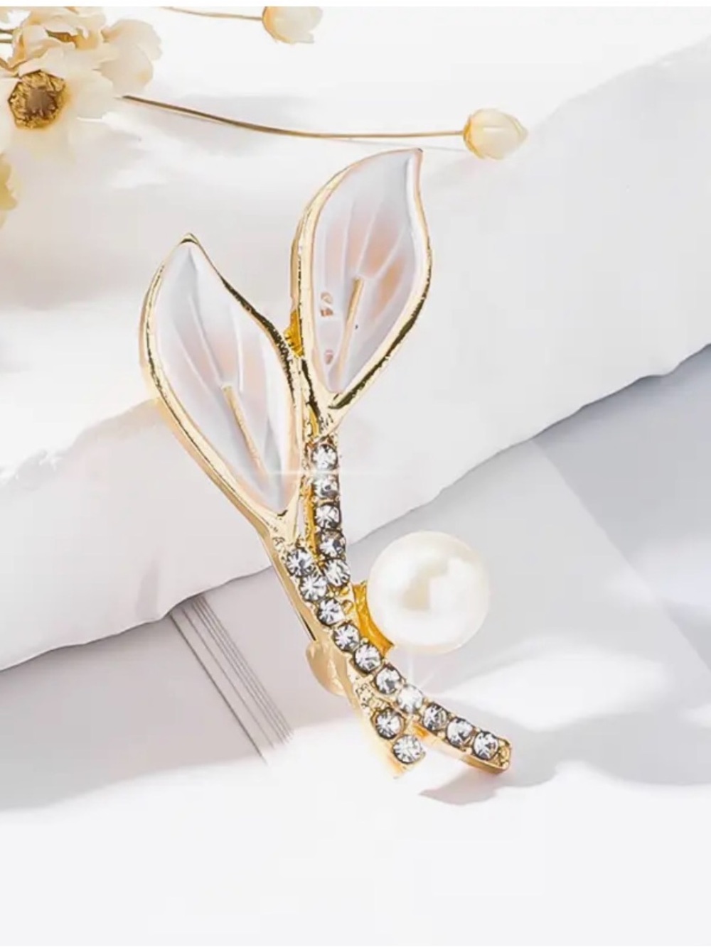 Gold Leaf Pearl & Crystal Brooch - Elegant Women Jewelry